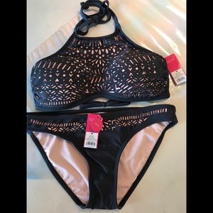 Xhilaration Grey w Pink Lining Laser Cut Swimsuit